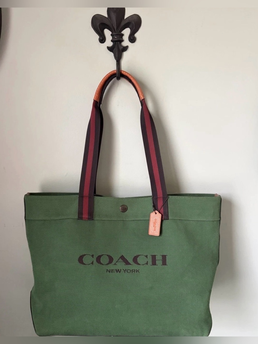 COACH Tote Bag 38 in Colorblock Forest Green Canvas/ Brown Leather/ Navy Stripes